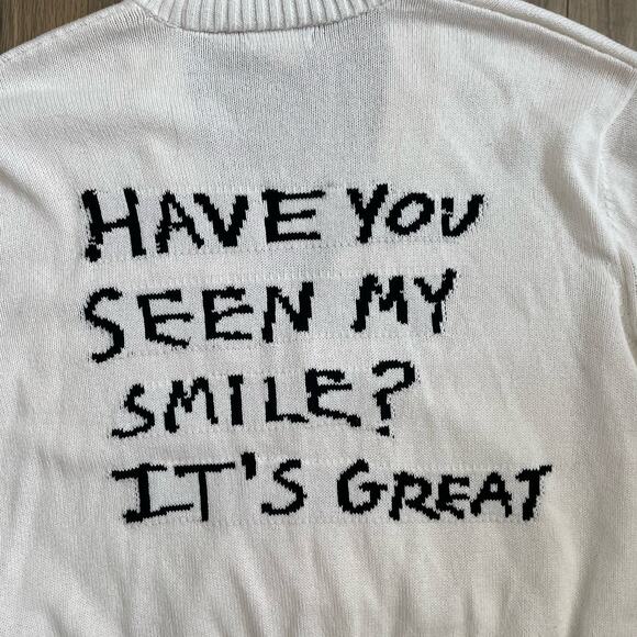ZARA x Pepo Moreno White Cardigan Sz Medium “Have You Seen My Smile?” Distressed - Picture 11 of 12